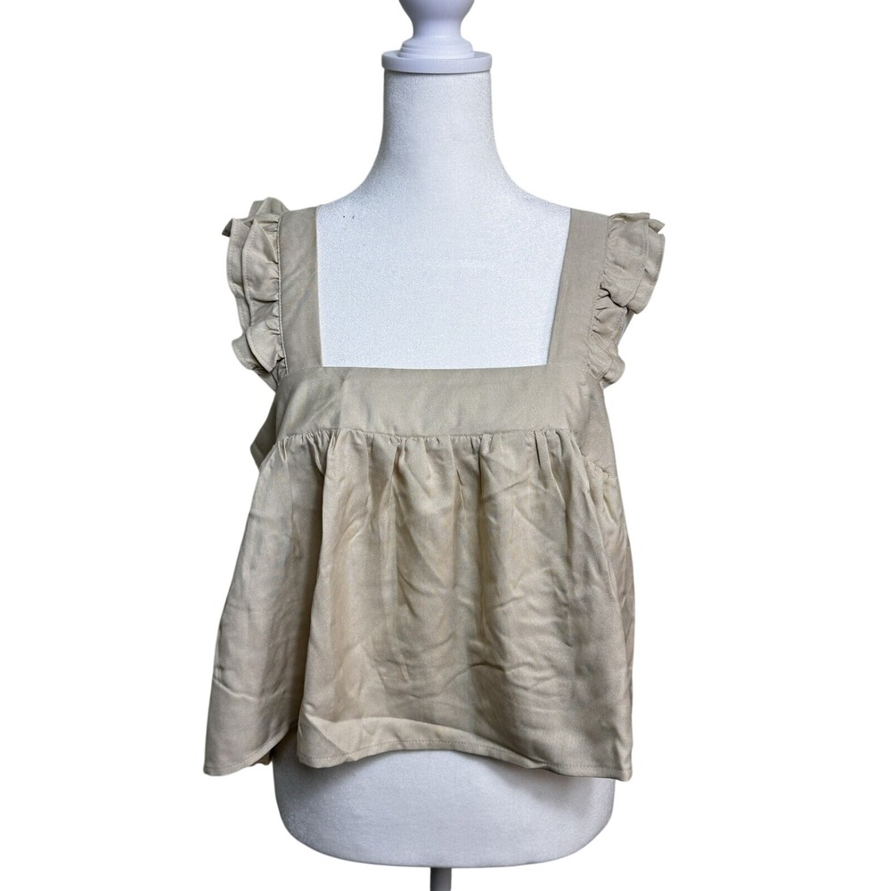 B-O-G Collective Tan Ruffle Strap Square Neck Babydoll Tank Top Womens M NEW